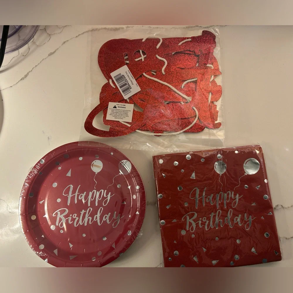 Red Happy Birthday Banner, redd, happy birthday plates and napkins kit,10Feet